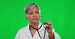 Medical, Stethoscope and heartbeat with woman on green screen for cardiology, healthcare and examination. Medicine, checkup and emergency with doctor on studio background for consulting and listening