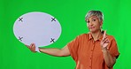 Speech bubble, green screen and tracking marker by senior with no face on studio background. Portrait, poster and elderly lady with hand sign on mockup, banner and rejection, disagree and unhappy