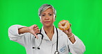 Doctor, thumbs down and donut portrait on green screen  for healthy lifestyle. Unhappy healthcare woman shaking head for unhealthy or bad sugar diet for medical care, food advice and health in studio