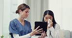 Crying, tablet or nurse talking to sad woman of medical report results or bad news of rehabilitation. Depression, online healthcare or doctor speaking to stressed Asian person for consultation advice