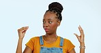 Talking, annoyed and a black woman with a mocking gesture isolated on a white background in studio. Frustrated, moody and an African girl making fun with gesturing hands for speaking and noise