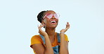 Face, happy and black woman blowing kiss with sunglasses isolated on a white background in studio. Smile, playful and portrait of a stylish African girl showing fashionable eyewear on a backdrop