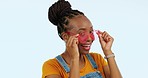 Wink, laughing and face of a black woman with sunglasses isolated on a white background in a studio. Happy, funny and an African girl winking with fashionable glasses for summer on a backdrop