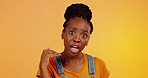 Attitude, annoyed and face of a woman in studio snapping her fingers with a moody face expression. Sassy, gen z and portrait of an African female model with hand gesture isolated by yellow background