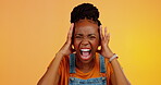 Black woman, screaming and mental health with angry face, frustrated and stress on studio background. Female with anxiety, anger and psychology problem, trauma and depression with portrait and mockup