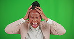 Screaming, angry and sad with black woman in green screen for stress, frustrated and crisis. Anxiety, burnout and problem with female crying on studio background for emotional, mad and depression