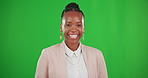 Business woman, laughing and portrait on green screen with for funny meme and happiness. Face of professional, young and African entrepreneur person or boss comic laugh on a studio background
