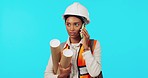 Woman, architect and phone call in construction planning or blueprint discussion against a blue studio background. Female engineer talking on smartphone in conversation with building plans on mockup