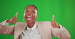 Thumbs up, green screen and face of happy woman dance in studio, excited winner and bonus on background. Portrait of black female, thumb and smile to celebrate winning achievement, emoji and support