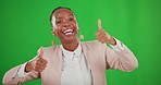 Thumbs up, green screen and face of excited woman dancing in studio, happy winner or bonus on background. Portrait of black female, thumb and smile to celebrate winning achievement, emoji and support