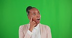 Thinking, green screen and a black woman with a bright idea isolated on a studio background. Planning, happy and an African girl with knowledge, looking thoughtful with a sudden plan on a backdrop