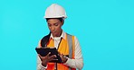 Woman architect, tablet and planning by studio background with ideas, brainstorming and focus on app. Construction worker, architecture expert and touchscreen for problem solving, design and goals