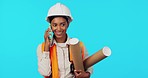 Happy woman, architect and phone call in construction planning or blueprint discussion against blue studio background. Female engineer talking on smartphone in conversation or building plan on mockup