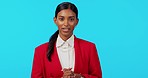 Broadcast job, woman face and talking in a studio with news presenter and anchor with speech. Reporter, portrait and young female and reporting speaker with isolated blue background speaking