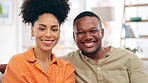 Happy, face and couple in a living room, embrace and relax while bonding in their home together. Love, smile and portrait of black woman with man in a lounge, cheerful and enjoying their relationship