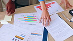 Graphs, documents and people hands for data analysis, charts and planning business growth, creative report and strategy. Brainstorming, infographics and teamwork woman and seo partner with statistics