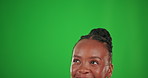 Eyes, thinking and doubt with a black woman on a green screen background contemplating her options. Face, idea and question with a young female decision maker feeling thoughtful or confused on mockup