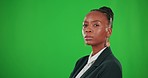 Face nodding, business and black woman on green screen in studio isolated on a background mockup. Portrait, professional and serious person or entrepreneur nod head for agreement, yes or satisfaction