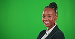 Face nodding, business and black woman on green screen in studio isolated on background mockup. Portrait, professional and smile of person or entrepreneur nod head for agreement, yes or satisfaction.