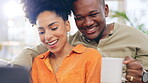 Couple, laptop and laughing in home with coffee, bonding and streaming funny comedy or meme. Interracial, computer and happy black man and woman on social media, online browsing or watching video.