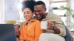 Laptop, couple and laughing in home with coffee, bonding and streaming funny comedy or meme. Interracial, computer and happy black man and woman on social media, online browsing or watching video.