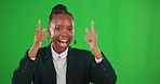Clapping, motivation and face of a black woman on a green screen isolated on a studio background. Happy, talking and portrait of an African girl with applause, showing support and celebration