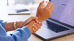 Carpal tunnel, woman hands and pain from computer work in a office with stress from stock data. Working, business and female with hurt wrist from typing for a investment deadline at a company