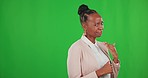 Mocking, rude and face of a black woman on a green screen isolated on a studio background. Bully, mean and portrait of an African girl making fun with a gesture on a backdrop with mockup space