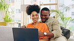 Couple, laptop and smile with hug in home living room, online browsing or web scrolling on sofa. Interracial, computer and happiness of black man and woman bonding on couch in lounge on social media.