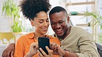 Cellphone, couple and laughing in home living room, bonding and streaming funny comedy. Interracial, phone and happy black man and woman on social media, online browsing or scrolling for comic meme.