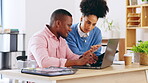 Tablet, advice and people in office planning for marketing project, proposal or online report in business startup. Teamwork, productivity and woman, employee or manager for question or digital review