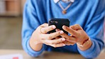 Woman, hands and smartphone for typing, connection and communication with social media, chatting and sms. Closeup, hand and female person with cellphone, mobile app and network for texting or message