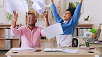 Happy people throw papers in office success, winning or business celebration news, goals or high five and clapping. Winner team, woman and partner celebrate, documents in air and excited for profit