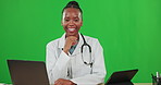 Healthcare, technology and a doctor black woman on a green screen background for online consulting. Portrait, medical and research with a female medicine professional you can trust for insurance