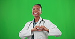 Doctor, woman hands and green screen for heart and smile as support or care. Happy black female or healthcare portrait with hand sign, icon or emoji for love, charity or health insurance and wellness