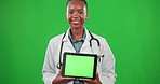 Doctor, green screen mockup or black woman with tablet for marketing, advertising or product placement. Portrait, moving closeup or happy girl on logo space for healthcare clinic data or information