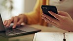 Closeup woman, hands and smartphone for laptop, typing and online connection of remote work from home. Female, computer and mobile technology of digital download, web search or multitask on internet 