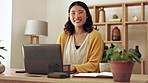 Happy woman, face and laptop for remote work in home, lounge and online research. Portrait of asian female, computer technology and freelancer planning project on internet, elearning and website 