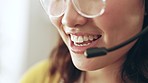 Call center, remote work or mouth of friendly woman in communication, speaking or talking to help. Customer services, closeup or happy sales agent girl with microphone at crm or technical support