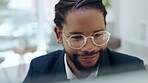 Computer, happy and business man with online data results, analytics or review for digital growth, investing and profit. Stock market, trading and african person yes for financial report on desktop