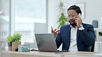 Laptop, business phone call and black man in office, talking or speaking to contact online. Typing, computer and professional person with cellphone for happy conversation, discussion or negotiation