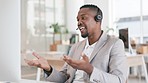 Happy black man, call center and consulting on computer with headphones in customer service or support at office. Friendly African male consultant agent talking on PC in contact us for online advice