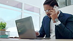 Laptop, phone call and black man typing in office, talking or speaking to contact online. Business, computer and professional person with cellphone for serious conversation, discussion or negotiation