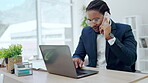 Phone call, laptop and black man typing in office, talking or speaking to contact online. Business, computer and professional person with cellphone for happy conversation, discussion or negotiation.