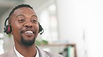 Happy black man, business call and telemarketing office with a employe smile. Phone networking, communication and working worker busy with web support survey and online consultation with mockup