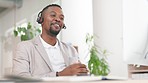 Black man, telemarketing and web crm consultation in a office with a happy employee. Phone networking, smile and working call center employee doing contact us and customer support communication