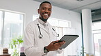 Doctor, happy black man and face with tablet for medical review, research and healthcare data. Portrait of hospital physician, digital tech and telehealth for planning, surgery or medicine consulting