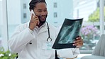 Male doctor, x ray and phone call for consulting with news for lungs, asma and cardiology in clinic. Black man, medic and radiology results for tuberculosis, lung infection and   healthcare report