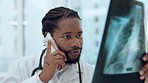 Male doctor, xray and phone call for talk with news for lungs, asma and cardiology in clinic. Black man, medic and radiology results for tuberculosis, lung infection or healthcare report on cellphone