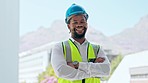 Black man, architect and arms crossed with smile on face for construction site, property or development. Happy african engineer, office portrait or pride for success in building industry in Cape Town